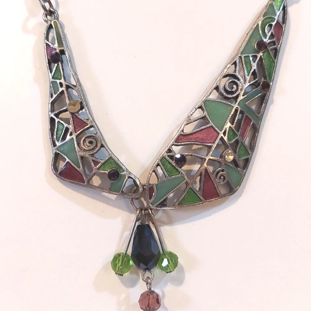 SA Necklace Mosaic Beads Paperclip Silvertone Chain‎ - Picture 3 of 5